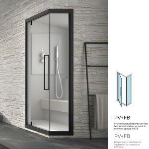 PV+FB Porta battente pivot da 90cm per bagno turco, con fisso laterale da 40cm, vetro trasparente, vari profili 