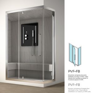 PVF+FB Porta battente pivot da 100cm per bagno turco, con fisso in linea e fisso laterale da 40cm, vetro trasparente, vari profili 